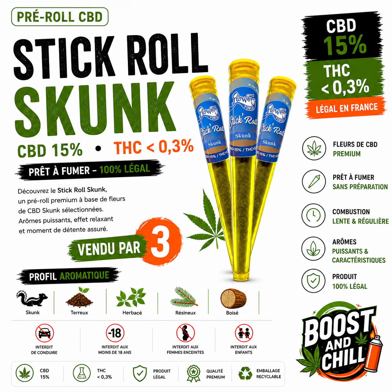 Pré roll CBD 15% SKUNK par 3